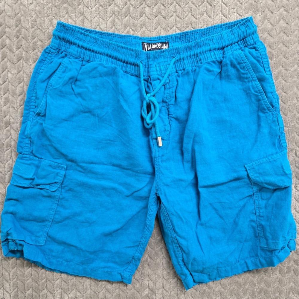 Vilebrequin Mens XL Turquoise Blue 100% Linen Cargo Shorts Drawstring Baggy